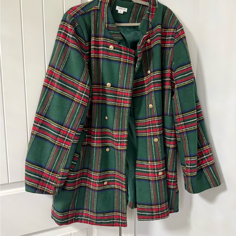 Chic Soul Green Plaid Double-Breasted Pea Coat with Gold Buttons